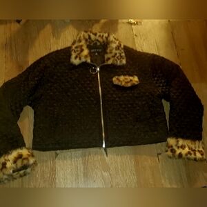 Current Mood Black Quilted Jacket with Leopard Fur Trim